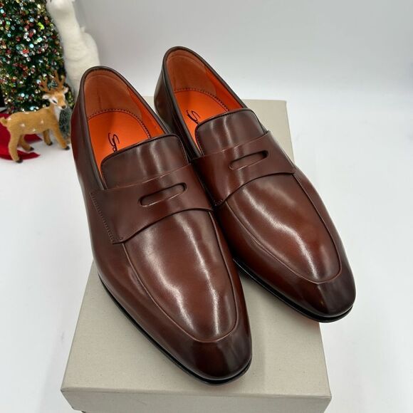 Men’s Santoni leather penny loafers size 8 US made in Italy cobbler soles - Picture 2 of 10